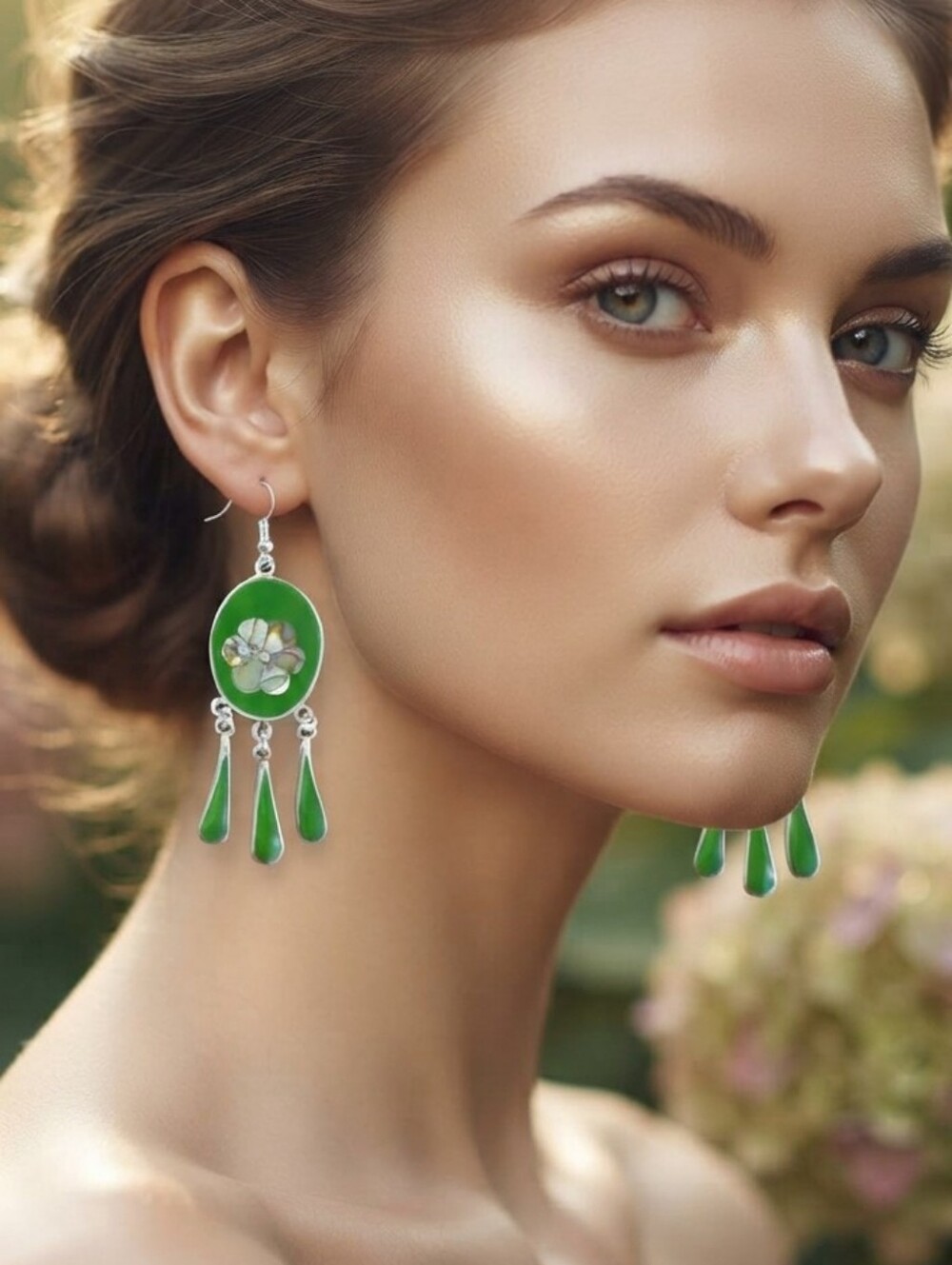 Green Floral Inlay Dangle Earrings with Shell Accent